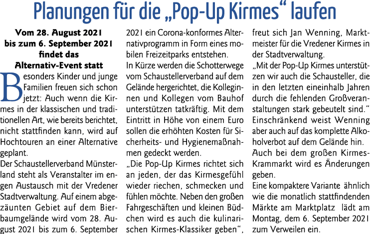 Planungen für die  Pop-Up Kirmes  laufen Vom 28  August 2021 bis zum 6  September 2021 findet das Alternativ-Event st   