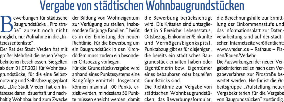 Vergabe von städtischen Wohnbaugrundstücken Bewerbungen für städtische Baugrundstücke  Pirolstraße  zurzeit noch nich   