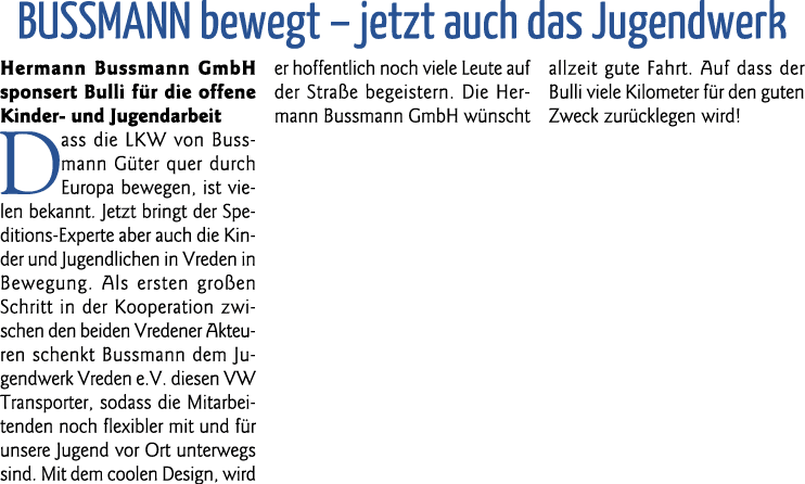 BUSSMANN bewegt   jetzt auch das Jugendwerk Hermann Bussmann GmbH sponsert Bulli für die offene Kinder- und Jugendarb   