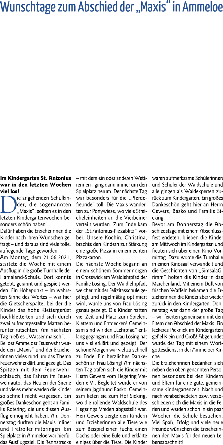 Wunschtage zum Abschied der  Maxis  in Ammeloe Im Kindergarten St  Antonius war in den letzten Wochen viel los  Die a   