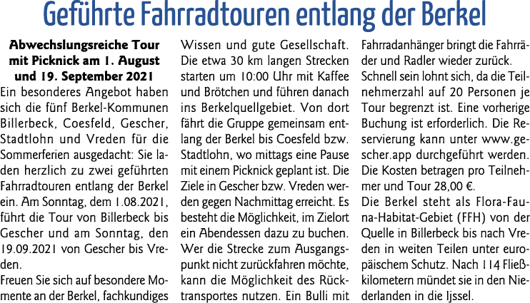Geführte Fahrradtouren entlang der Berkel Abwechslungsreiche Tour mit Picknick am 1  August und 19  September 2021 Ei   