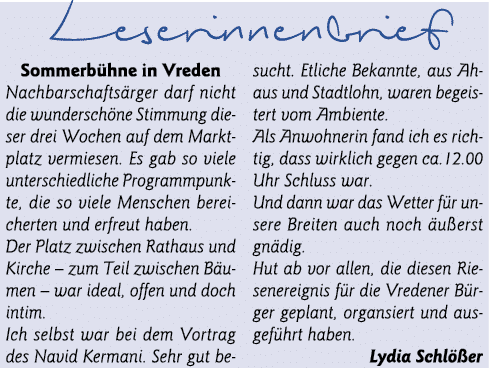 Leserinnenbrief Sommerbühne in Vreden Nachbarschaftsärger darf nicht die wunderschöne Stimmung dieser drei Wochen auf   
