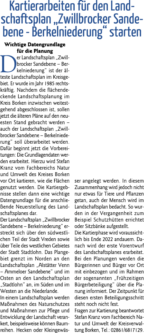 Kartierarbeiten für den Landschaftsplan  Zwillbrocker Sandebene - Berkelniederung  starten Wichtige Datengrundlage fü   