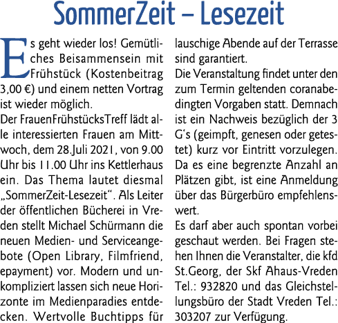SommerZeit   Lesezeit Es geht wieder los  Gemütliches Beisammensein mit Frühstück (Kostenbeitrag 3,00  ) und einem ne   