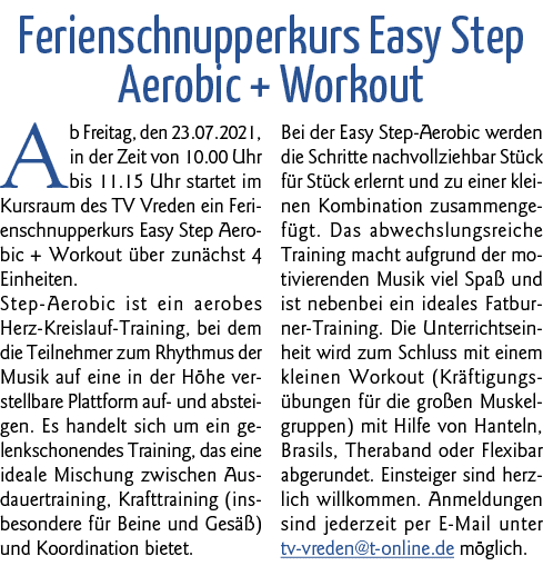 Ferienschnupperkurs Easy Step Aerobic + Workout Ab Freitag, den 23 07 2021, in der Zeit von 10 00 Uhr bis 11 15 Uhr s   