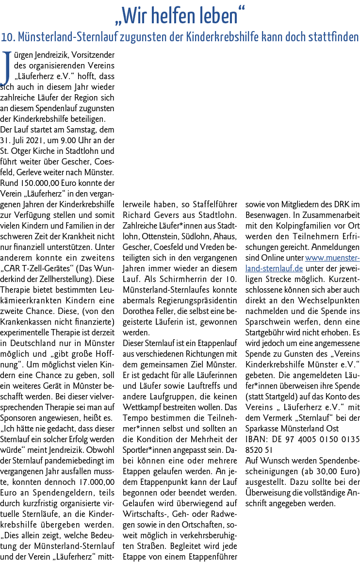  Wir helfen leben  10  Münsterland-Sternlauf zugunsten der Kinderkrebshilfe kann doch stattfinden Jürgen Jendreizik,    