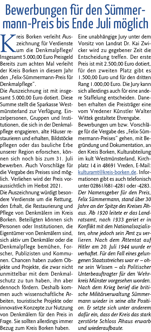Bewerbungen für den Sümmermann-Preis bis Ende Juli möglich Kreis Borken verleiht Auszeichnung für Verdienste um die D   