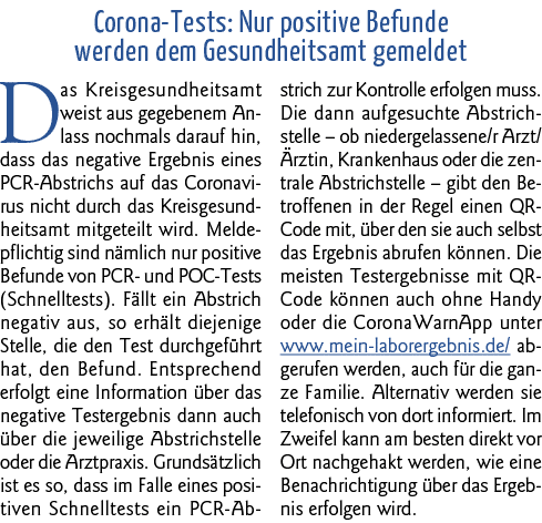 Corona-Tests: Nur positive Befunde werden dem Gesundheitsamt gemeldet Das Kreisgesundheitsamt weist aus gegebenem Anl   