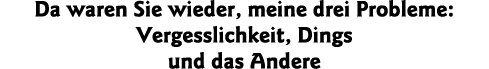 Da waren Sie wieder, meine drei Probleme: Vergesslichkeit, Dings und das Andere