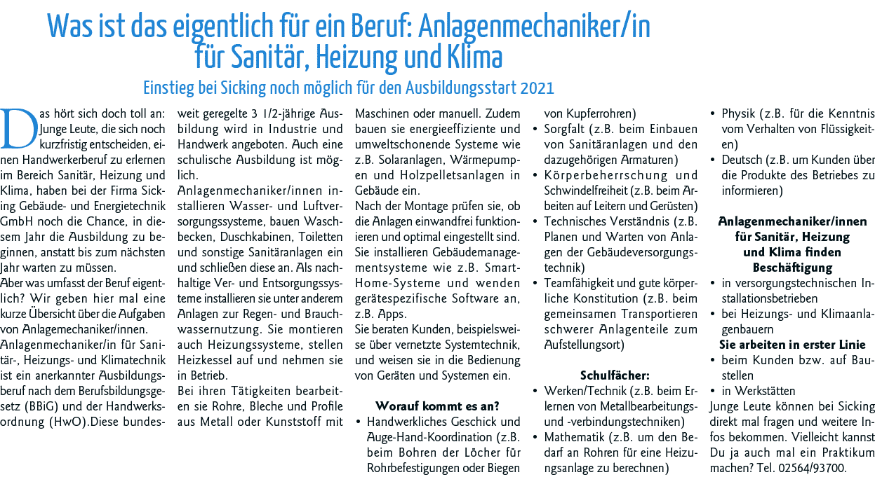 Was ist das eigentlich für ein Beruf: Anlagenmechaniker in für Sanitär, Heizung und Klima Einstieg bei Sicking noch m   