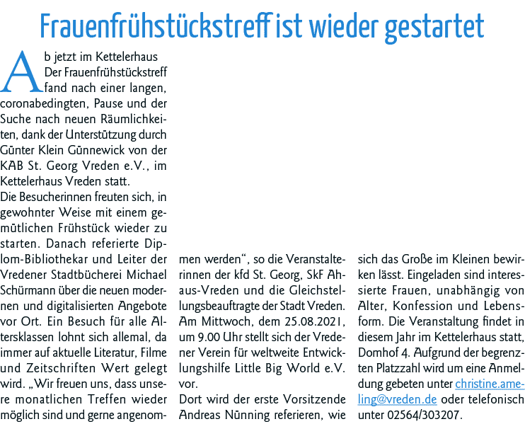 Frauenfrühstückstreff ist wieder gestartet Ab jetzt im Kettelerhaus Der Frauenfrühstückstreff fand nach einer langen,   