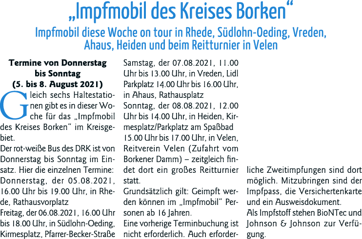  Impfmobil des Kreises Borken  Impfmobil diese Woche on tour in Rhede, Südlohn-Oeding, Vreden, Ahaus, Heiden und beim   