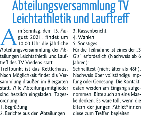 Abteilungsversammlung TV Leichtathletik und Lauftreff Am Sonntag, dem 15  August 2021, findet um 10 00 Uhr die jährli   