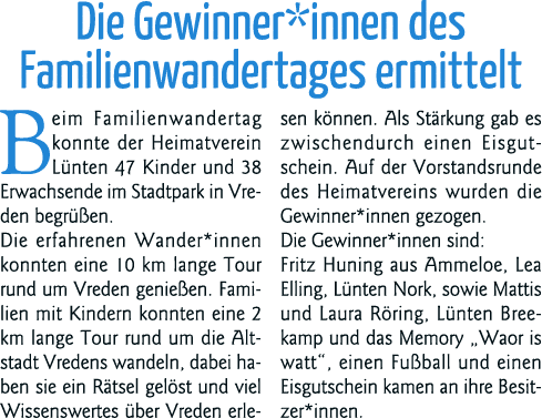 Die Gewinner*innen des Familienwandertages ermittelt Beim Familienwandertag konnte der Heimatverein Lünten 47 Kinder    