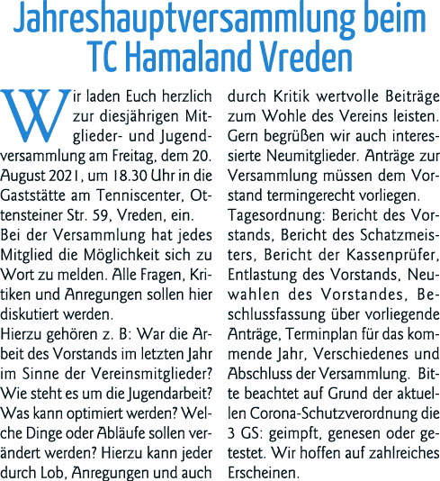 Jahreshauptversammlung beim TC Hamaland Vreden Wir laden Euch herzlich zur diesja hrigen Mitglieder- und Jugendversam   