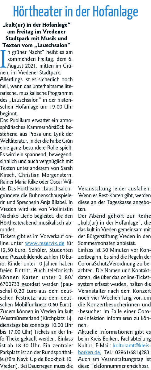 Hörtheater in der Hofanlage  kult(ur) in der Hofanlage  am Freitag im Vredener Stadtpark mit Musik und Texten vom  La   