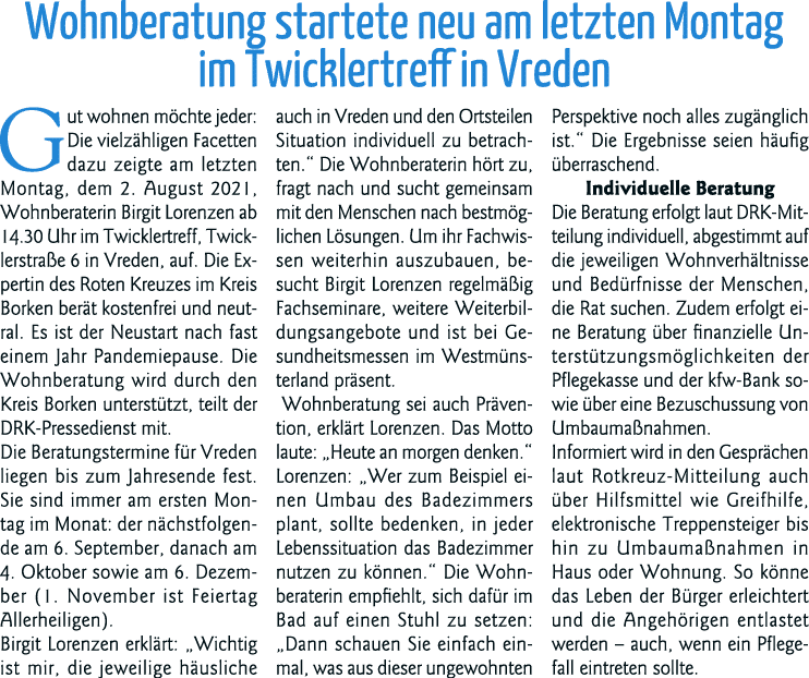 Wohnberatung startete neu am letzten Montag im Twicklertreff in Vreden Gut wohnen möchte jeder: Die vielzähligen Face   