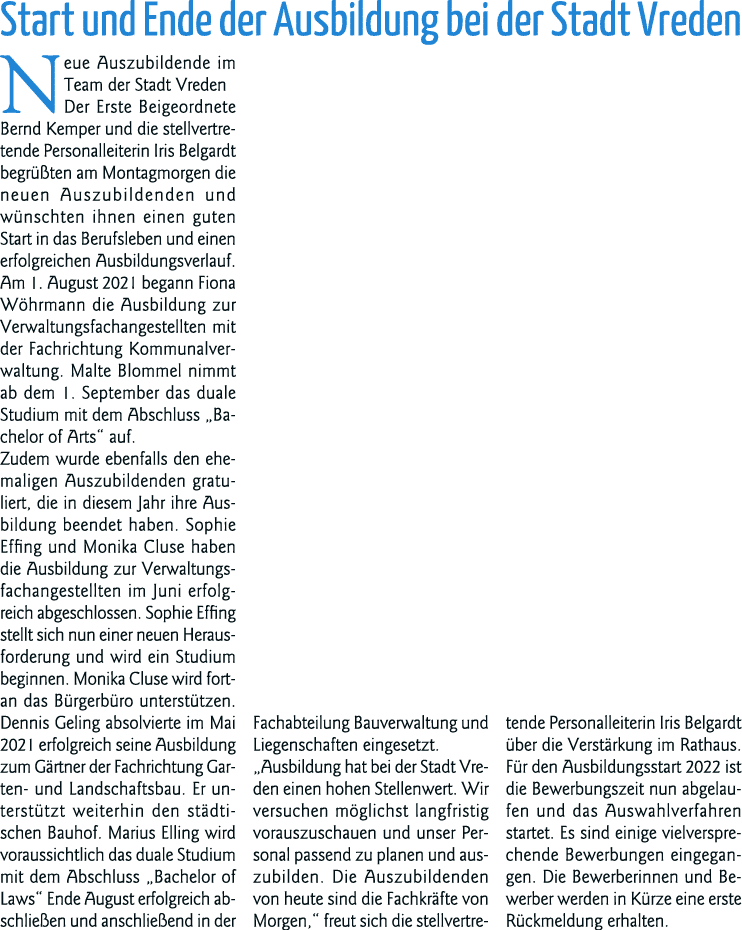 Start und Ende der Ausbildung bei der Stadt Vreden Neue Auszubildende im Team der Stadt Vreden Der Erste Beigeordnete   
