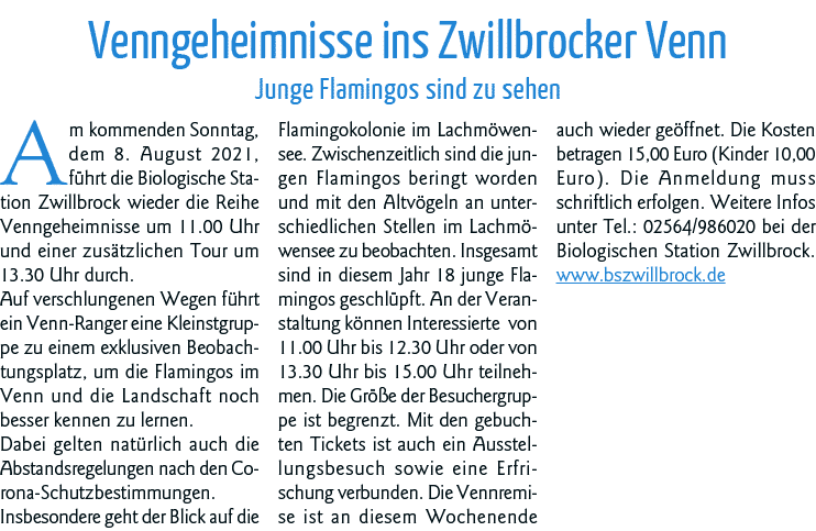 Venngeheimnisse ins Zwillbrocker Venn Junge Flamingos sind zu sehen Am kommenden Sonntag, dem 8  August 2021, führt d   