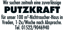 Wir suchen zeitnah eine zuverlässige Putzkraft für unser 100 m2-Nichtraucher-Haus in Vreden, 1-2x Woche nach Absprach   