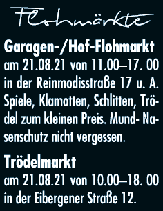 Flohmärkte Garagen- Hof-Flohmarkt am 21 08 21 von 11 00 17  00 in der Reinmodisstraße 17 u  A  Spiele, Klamotten, Sch   