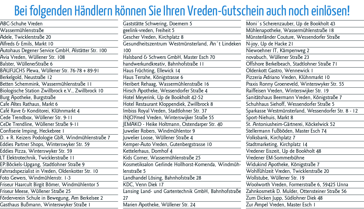 Bei folgenden Händlern können Sie Ihren Vreden-Gutschein auch noch einlösen  ABC-Schuhe Vreden Wassermühlenstraße Ade   