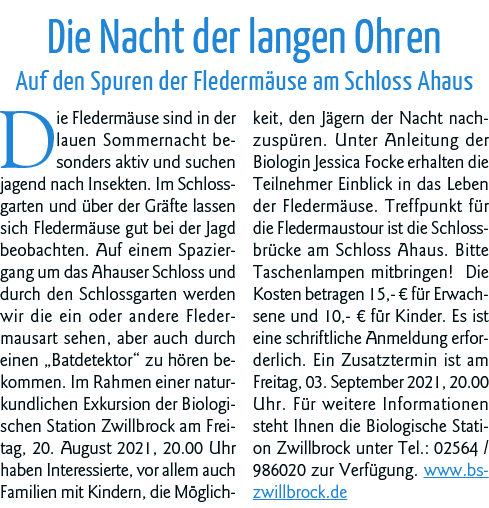 Die Nacht der langen Ohren Auf den Spuren der Fledermäuse am Schloss Ahaus Die Fledermäuse sind in der lauen Sommerna   
