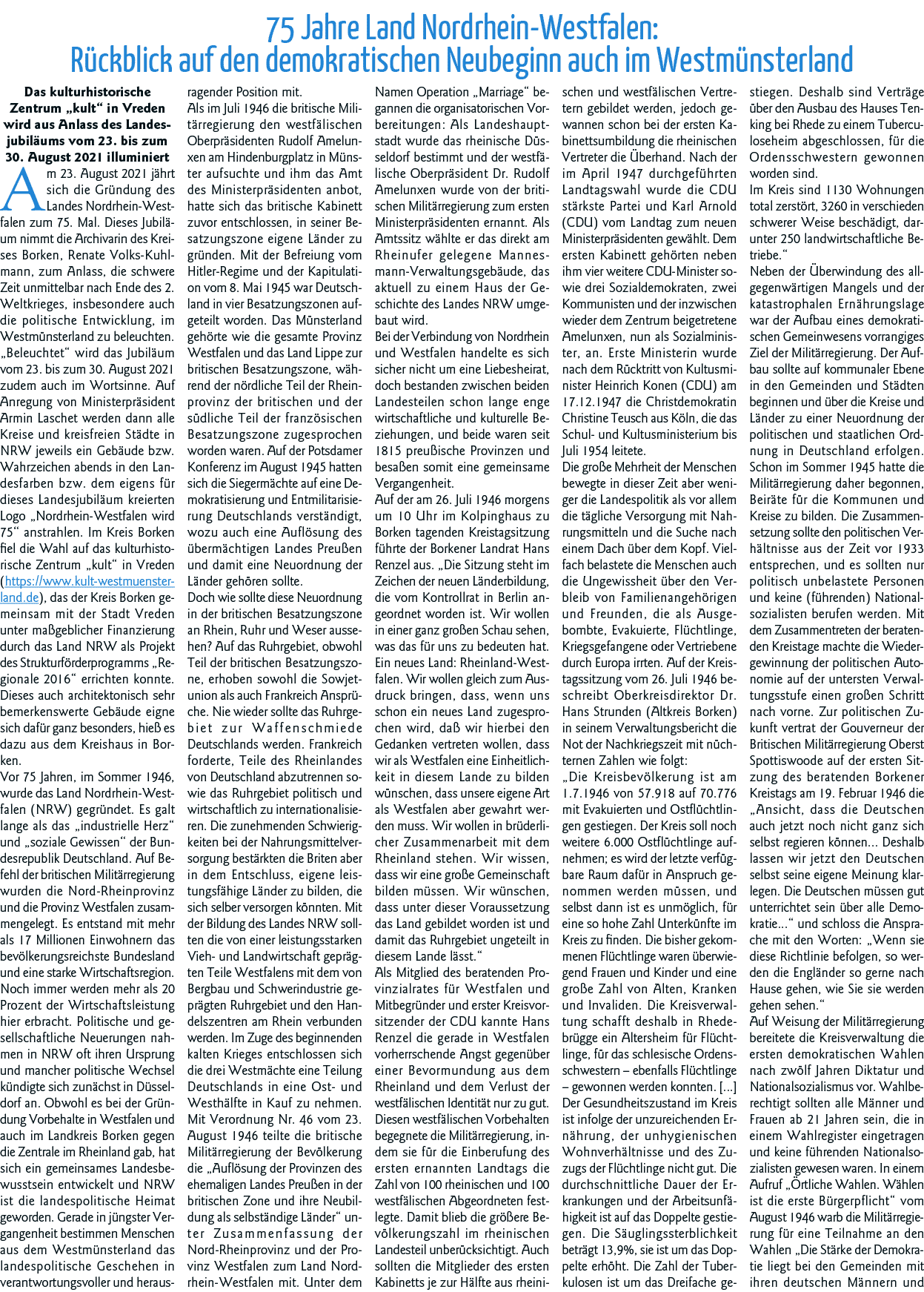 75 Jahre Land Nordrhein-Westfalen: Rückblick auf den demokratischen Neubeginn auch im Westmünsterland Das kulturhisto   