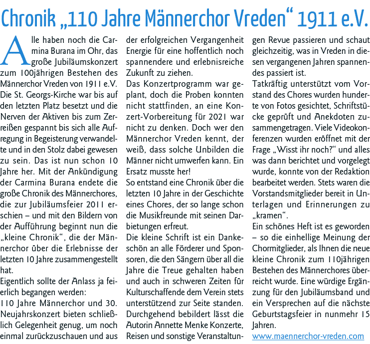 Chronik  110 Jahre Männerchor Vreden  1911 e V  Alle haben noch die Carmina Burana im Ohr, das große Jubiläumskonzert   