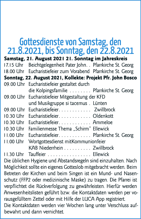 Gottesdienste von Samstag, den 21 8 2021, bis Sonntag, den 22 8 2021 Samstag, 21  August 2021 21  Sonntag im Jahreskr   
