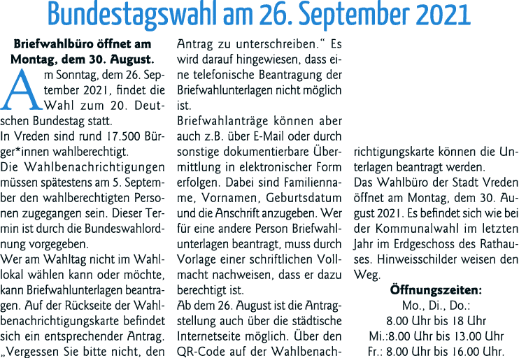 Bundestagswahl am 26  September 2021 Briefwahlbüro öffnet am Montag, dem 30  August  Am Sonntag, dem 26  September 20   