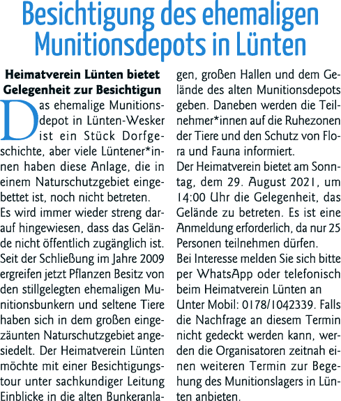 Besichtigung des ehemaligen Munitionsdepots in Lünten Heimatverein Lünten bietet Gelegenheit zur Besichtigun Das ehem   
