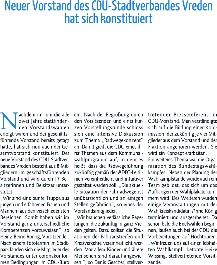 Neuer Vorstand des CDU-Stadtverbandes Vreden hat sich konstituiert Nachdem im Juni die alle zwei Jahre stattfindenden   