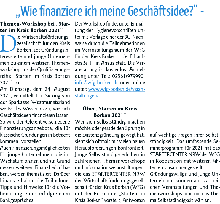  Wie finanziere ich meine Geschäftsidee   - Themen-Workshop bei  Starten im Kreis Borken 2021  Die Wirtschaftsförderu   