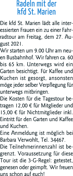 Radeln mit der kfd St  Marien Die kfd St  Marien lädt alle interessierten Frauen ein zu einer Fahrradtour am Freitag,   