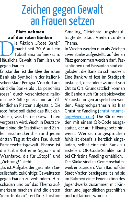 Zeichen gegen Gewalt an Frauen setzen Platz nehmen auf den roten Bänken Die Aktion  Rote Bank  macht seit 2016 auf ei   