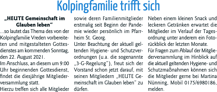 Kolpingfamilie trifft sich  HEUTE Gemeinschaft im Glauben leben   so lautet das Thema des von der Kolpingfamilie Vred   