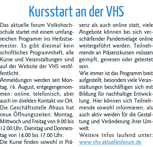 Kursstart an der VHS Das aktuelle forum Volkshochschule startet mit einem umfangreichen Programm ins Herbstsemester     