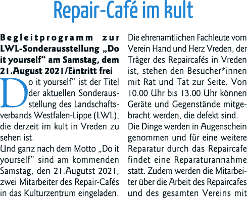 Repair-Café im kult Begleitprogramm zur LWL-Sonderausstellung  Do it yourself  am Samstag, dem 21 August 2021 Eintrit   