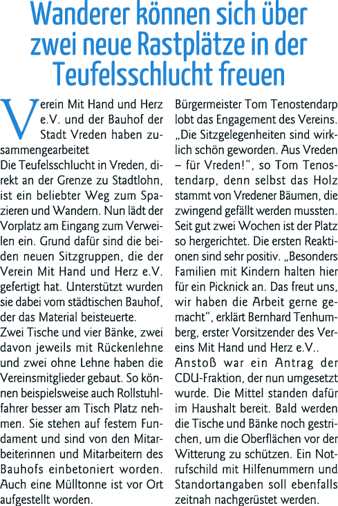 Wanderer können sich über zwei neue Rastplätze in der Teufelsschlucht freuen Verein Mit Hand und Herz e V  und der Ba   