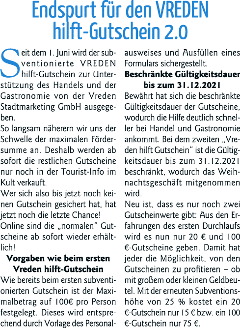 Endspurt für den VREDEN hilft-Gutschein 2 0 Seit dem 1  Juni wird der subventionierte VREDEN hilft-Gutschein zur Unte   