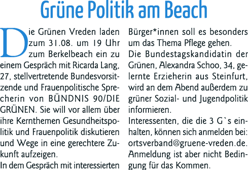 Grüne Politik am Beach Die Grünen Vreden laden zum 31 08  um 19 Uhr zum Berkelbeach ein zu einem Gespräch mit Ricarda   