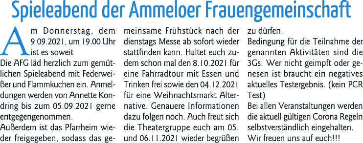 Spieleabend der Ammeloer Frauengemeinschaft Am Donnerstag, dem 9 09 2021, um 19 00 Uhr ist es soweit Die AFG läd herz   