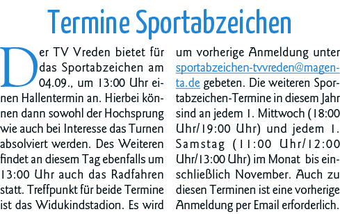 Termine Sportabzeichen Der TV Vreden bietet für das Sportabzeichen am 04 09 , um 13:00 Uhr einen Hallentermin an  Hie   