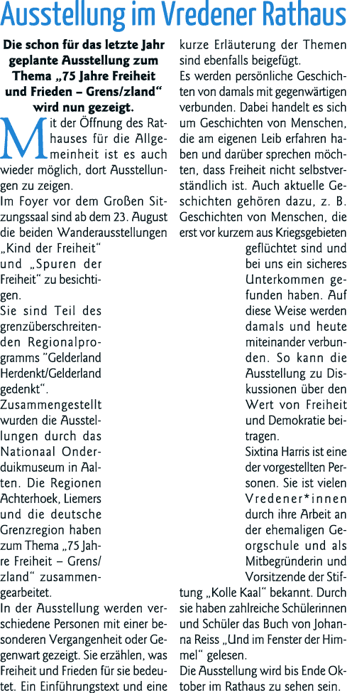 Ausstellung im Vredener Rathaus Die schon für das letzte Jahr geplante Ausstellung zum Thema  75 Jahre Freiheit und F   