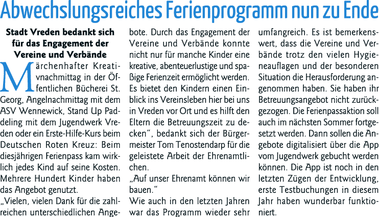Abwechslungsreiches Ferienprogramm nun zu Ende Stadt Vreden bedankt sich für das Engagement der Vereine und Verbände    