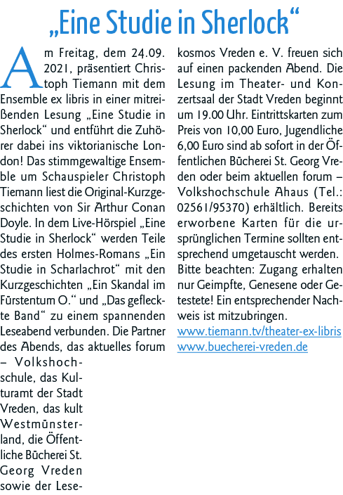   Eine Studie in Sherlock  Am Freitag, dem 24 09  2021, präsentiert Christoph Tiemann mit dem Ensemble ex libris in e   