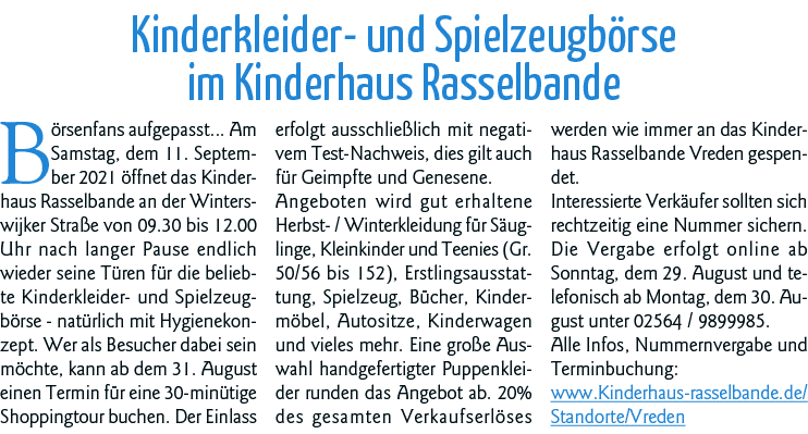 Kinderkleider- und Spielzeugbörse im Kinderhaus Rasselbande Börsenfans aufgepasst  Am Samstag, dem 11  September 2021   