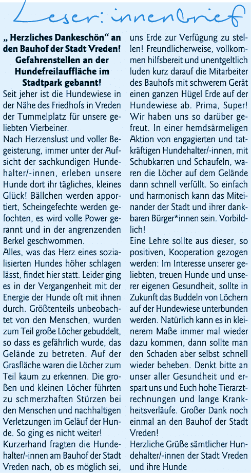 Leser:innenbrief   Herzliches Dankeschön  an den Bauhof der Stadt Vreden  Gefahrenstellen an der Hundefreilauffläche    