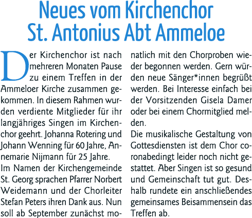 Neues vom Kirchenchor St  Antonius Abt Ammeloe Der Kirchenchor ist nach mehreren Monaten Pause zu einem Treffen in de   